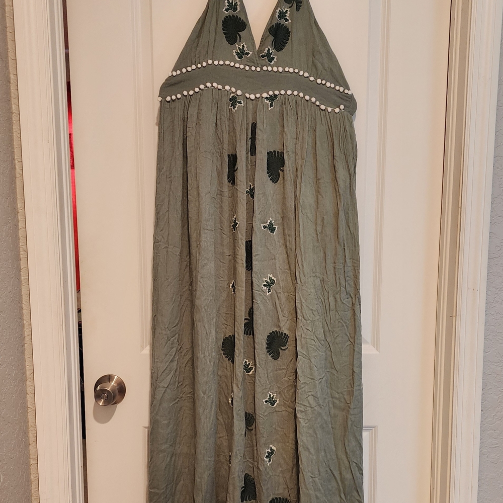 Myra Bag Forest Green Boho Western Lined Maxi Dress Gauze Tassel Detail NWT